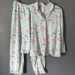 Bed Head Beauty Sleep Pajama Set Womens M Blue Pink Dogs Hearts Frenchie Westie